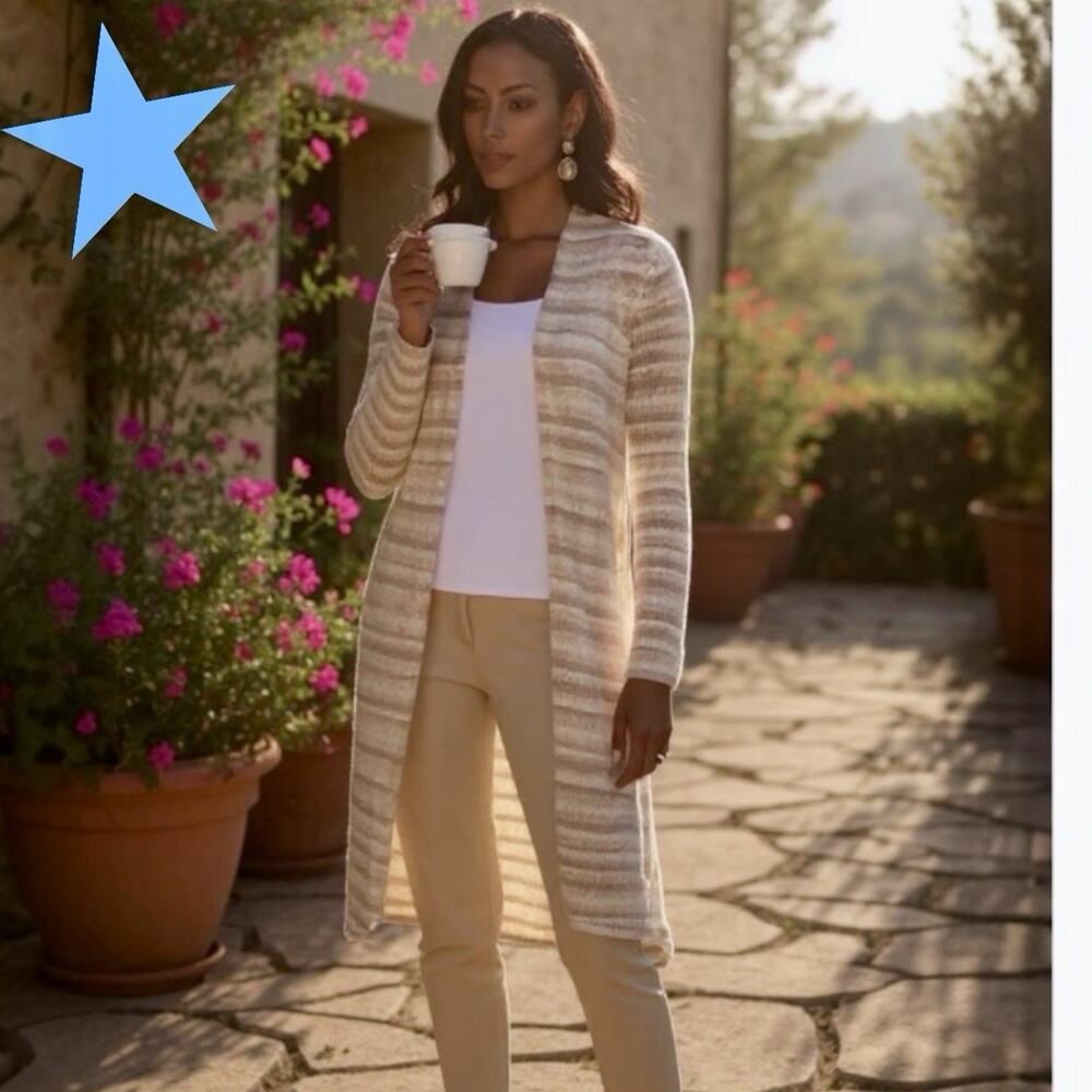 CHICOS Long Summer CARDIGAN SWEATER Tan Beige NWT STRIPE Sz 1 M 8